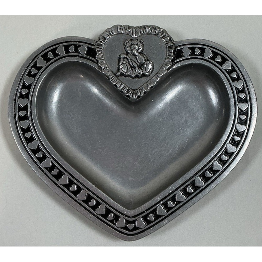 Vintage Heart Shaped Pewter Tone Trinket Dish Teddy Bear Hearts Jewelry Tray